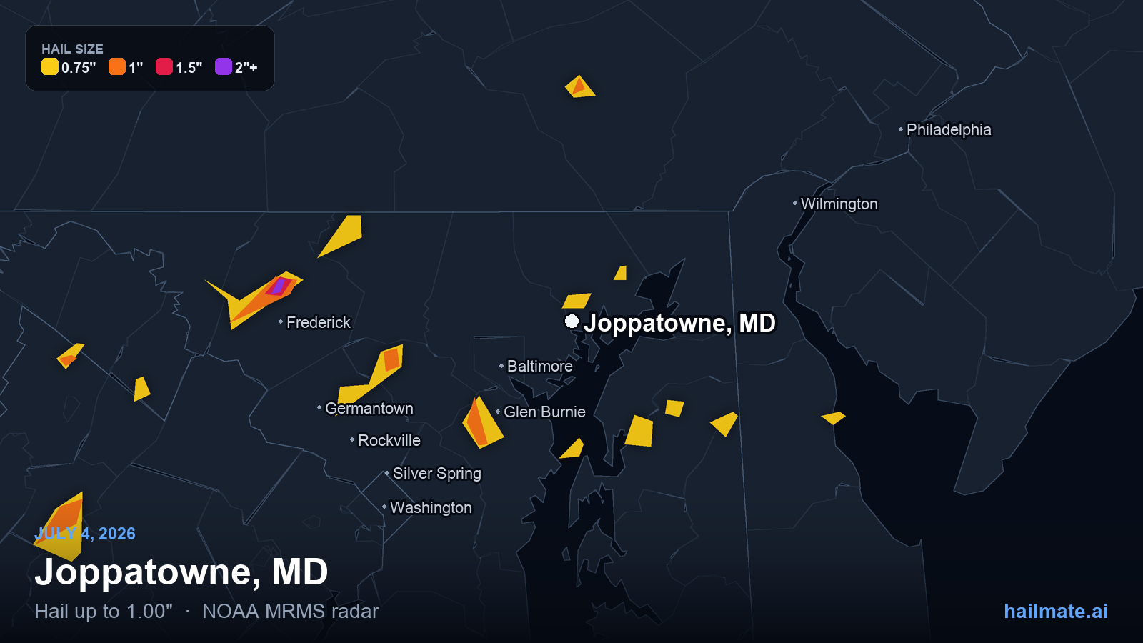 Hail swath map for Joppatowne, MD on July 4, 2026 showing 1.00 inch hail.