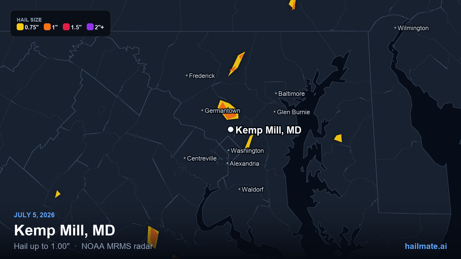 Hail swath map for Kemp Mill, MD on July 5, 2026 showing 1.00 inch hail.