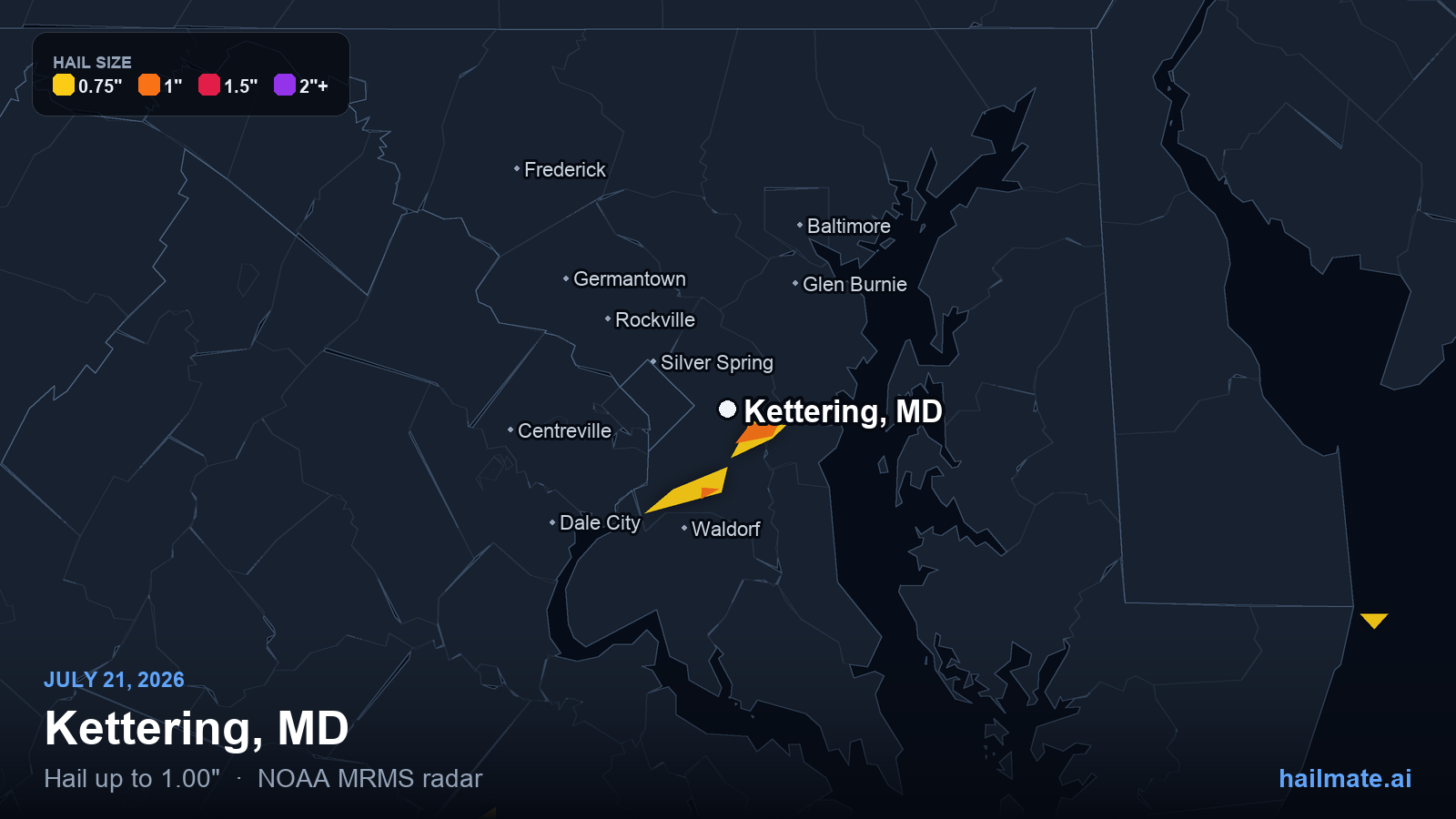 Hail swath map for Kettering, MD on July 21, 2026 showing 1.00 inch hail.