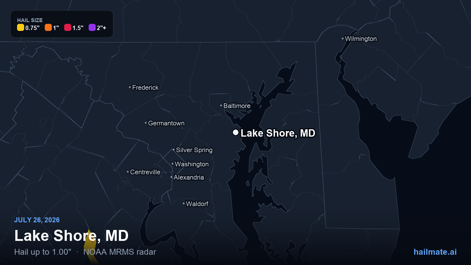 Hail swath map for Lake Shore, MD on July 26, 2026 showing 1.00 inch hail.