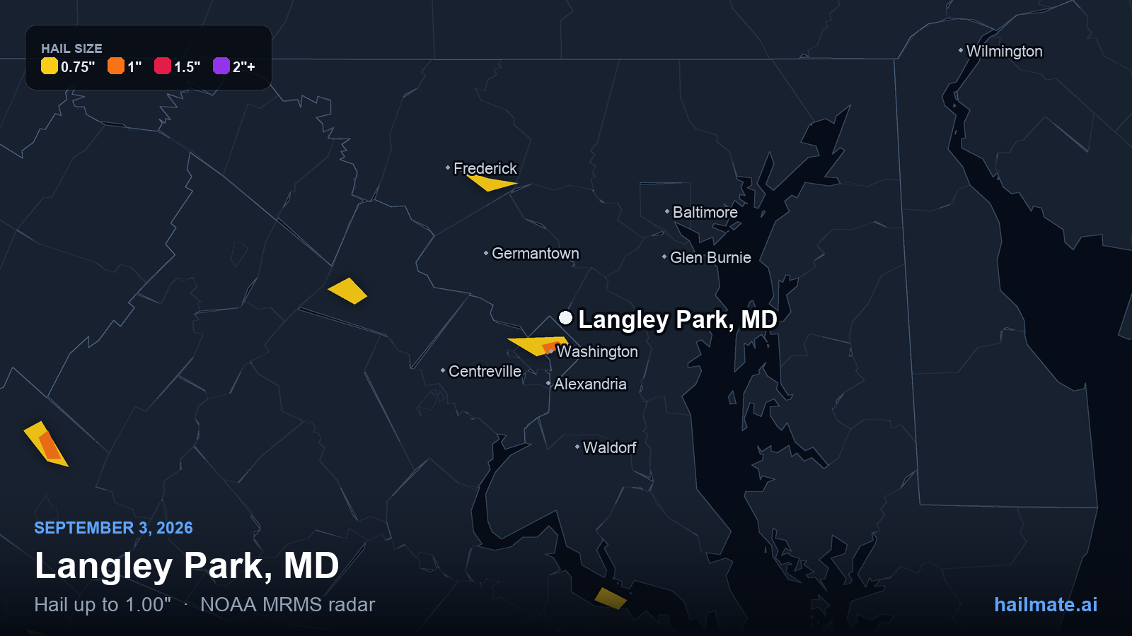 Hail swath map for Langley Park, MD on September 3, 2026 showing 1.00 inch hail.