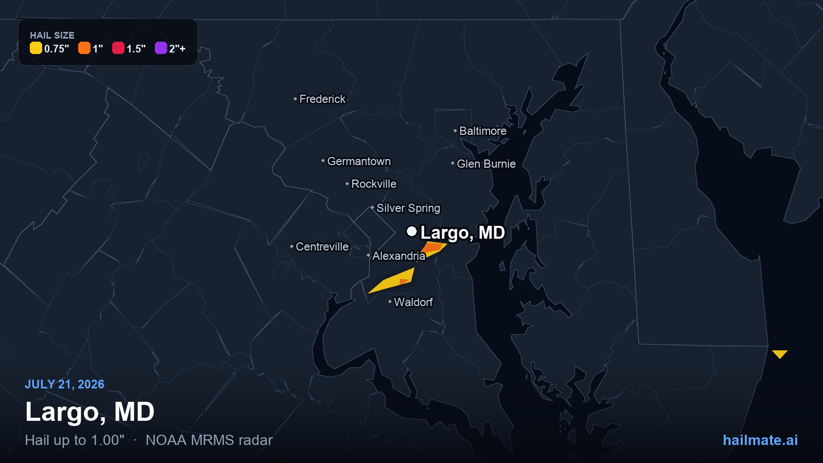 Hail swath map for Largo, MD on July 21, 2026 showing 1.00 inch hail.