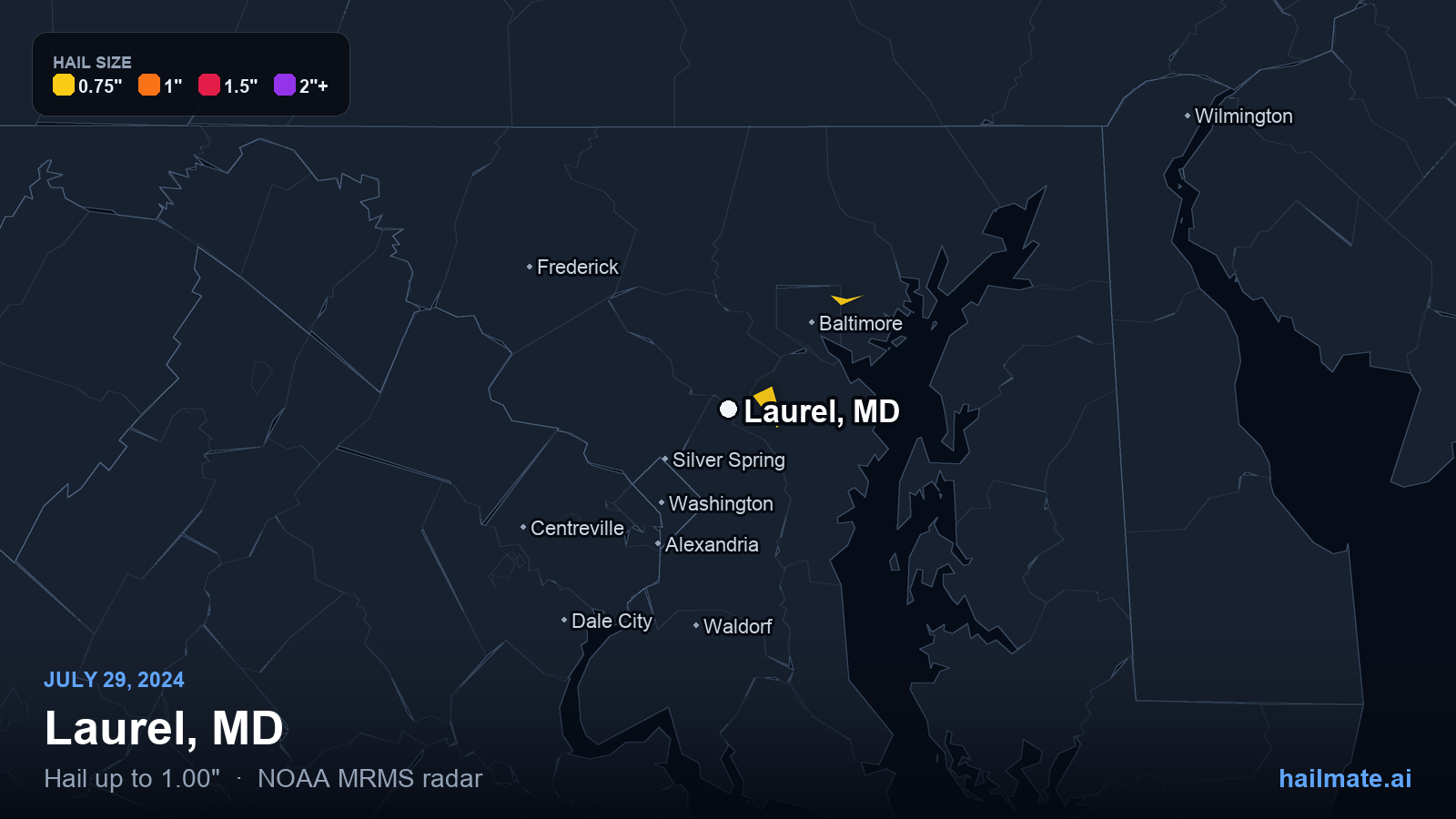 Hail swath map for Laurel, MD on July 29, 2024 showing 1.00 inch hail.