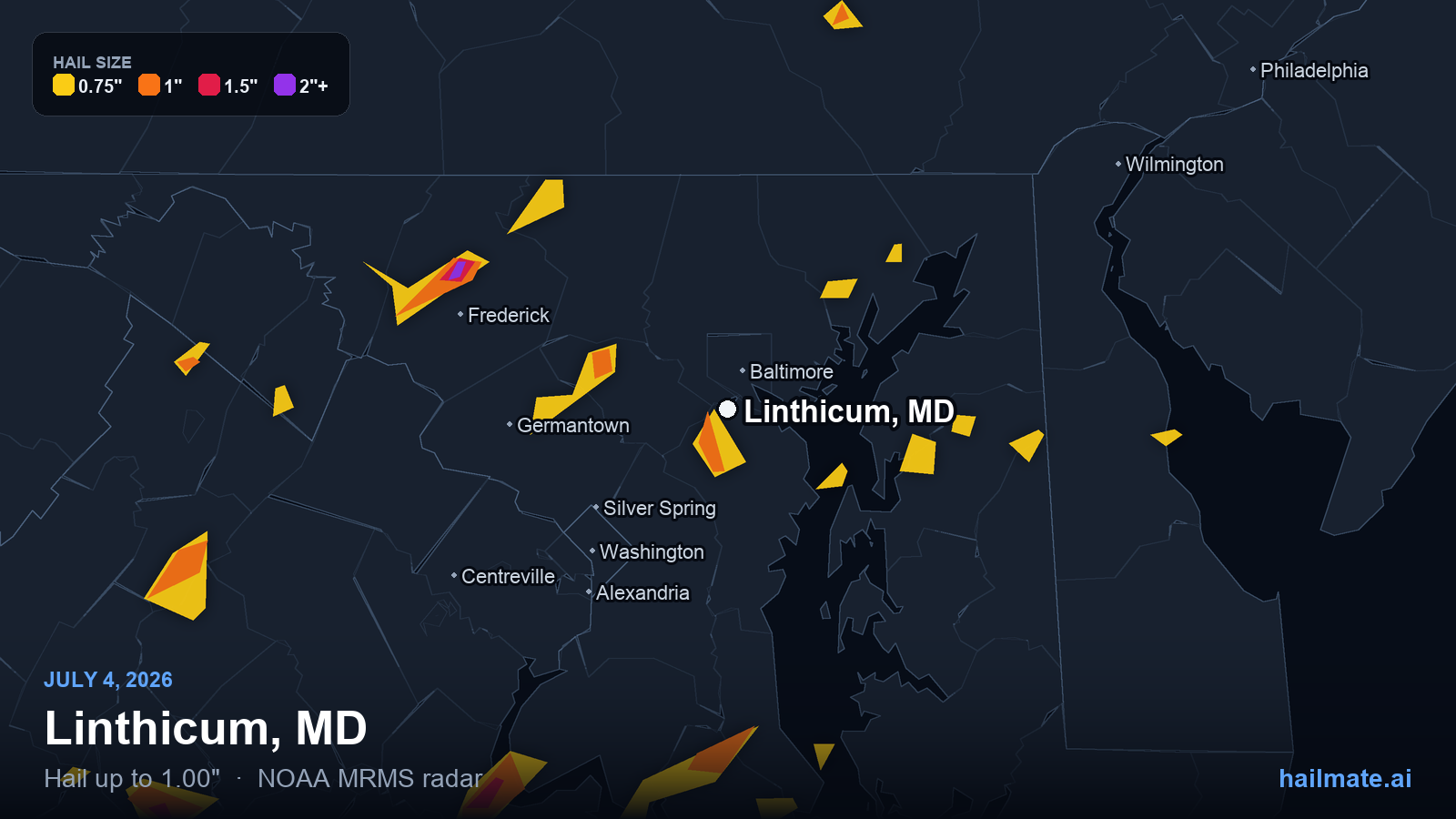 Hail swath map for Linthicum, MD on July 4, 2026 showing 1.00 inch hail.
