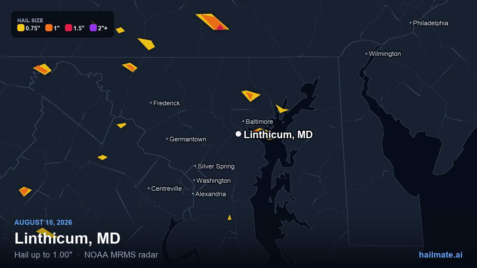 Hail swath map for Linthicum, MD on August 10, 2026 showing 1.00 inch hail.