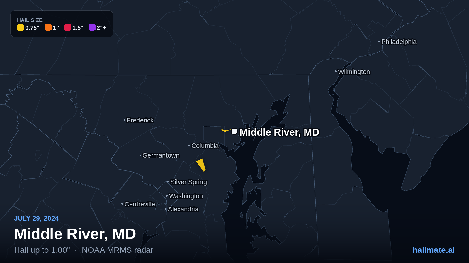 Hail swath map for Middle River, MD on July 29, 2024 showing 1.00 inch hail.