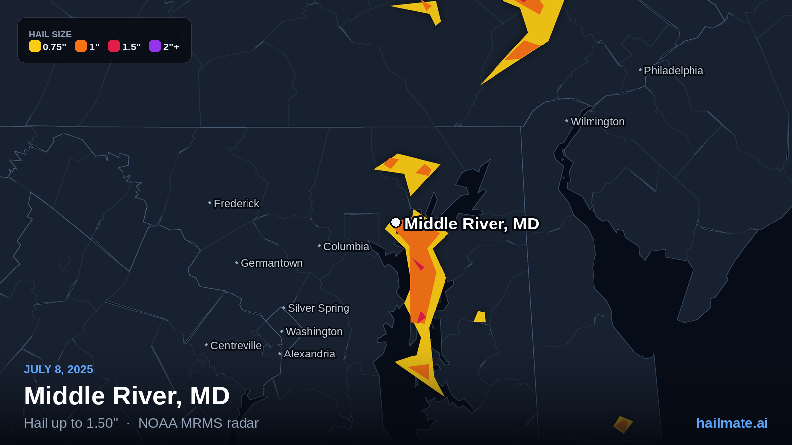Hail swath map for Middle River, MD on July 8, 2025 showing 1.50 inch hail.