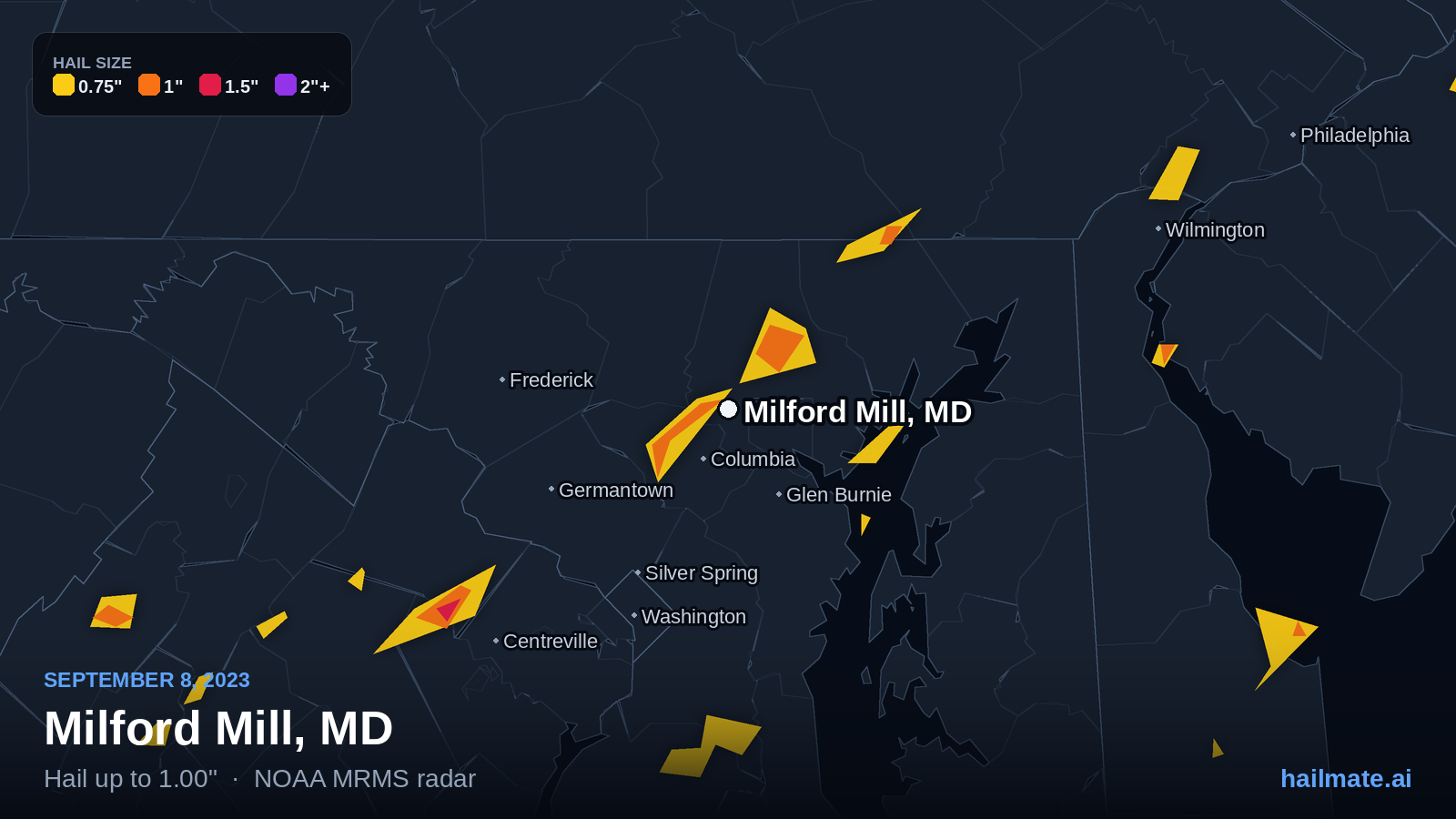 Hail swath map for Milford Mill, MD on September 8, 2023 showing 1.00 inch hail.