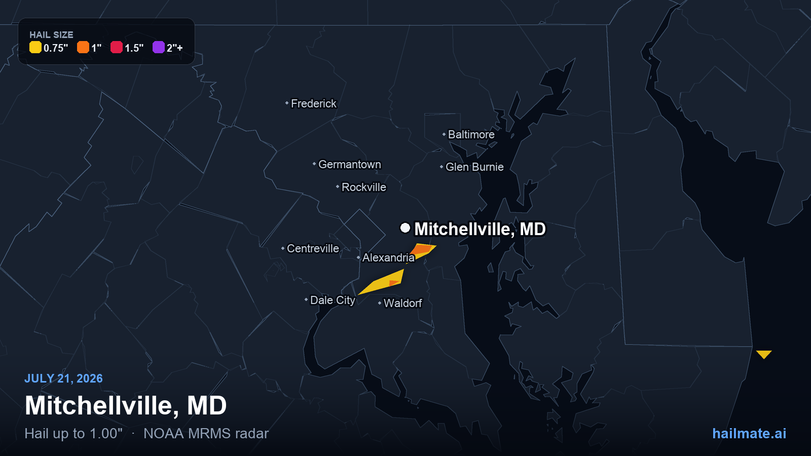 Hail swath map for Mitchellville, MD on July 21, 2026 showing 1.00 inch hail.