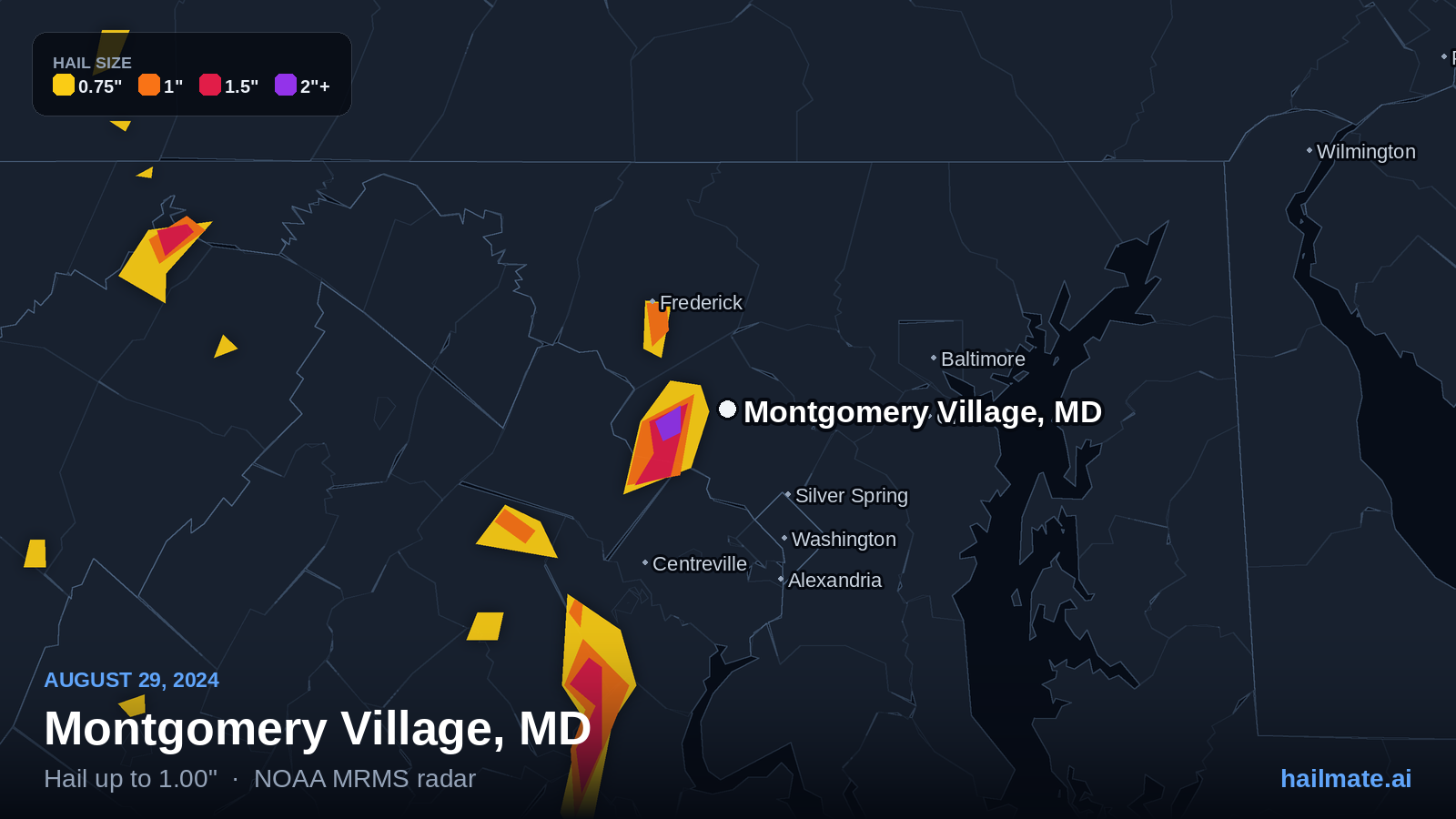 Hail swath map for Montgomery Village, MD on August 29, 2024 showing 1.00 inch hail.