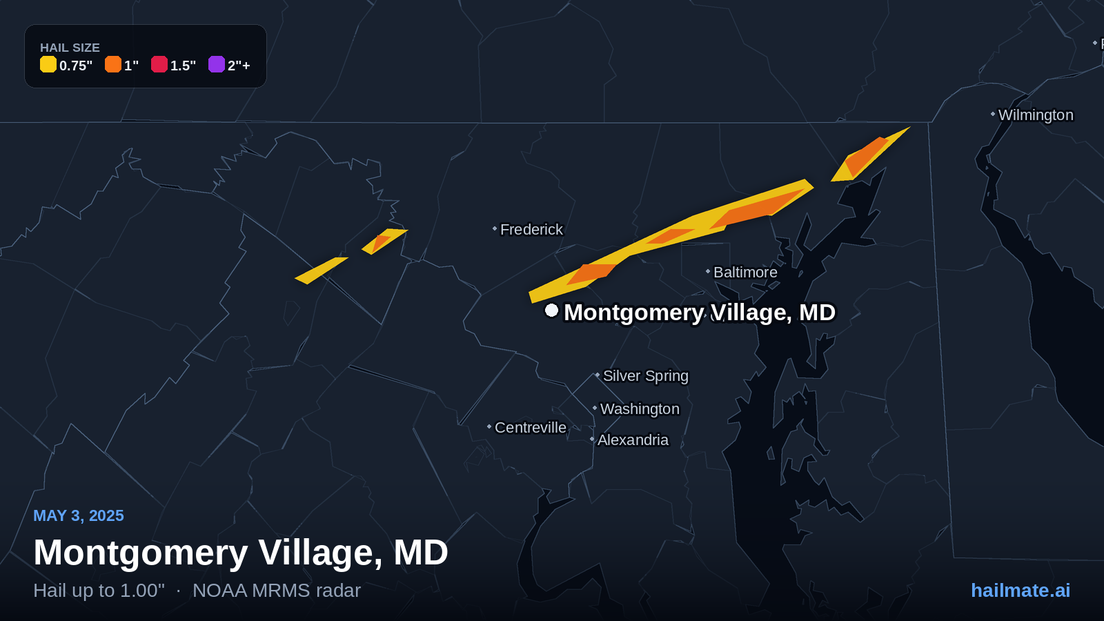Hail swath map for Montgomery Village, MD on May 3, 2025 showing 1.00 inch hail.