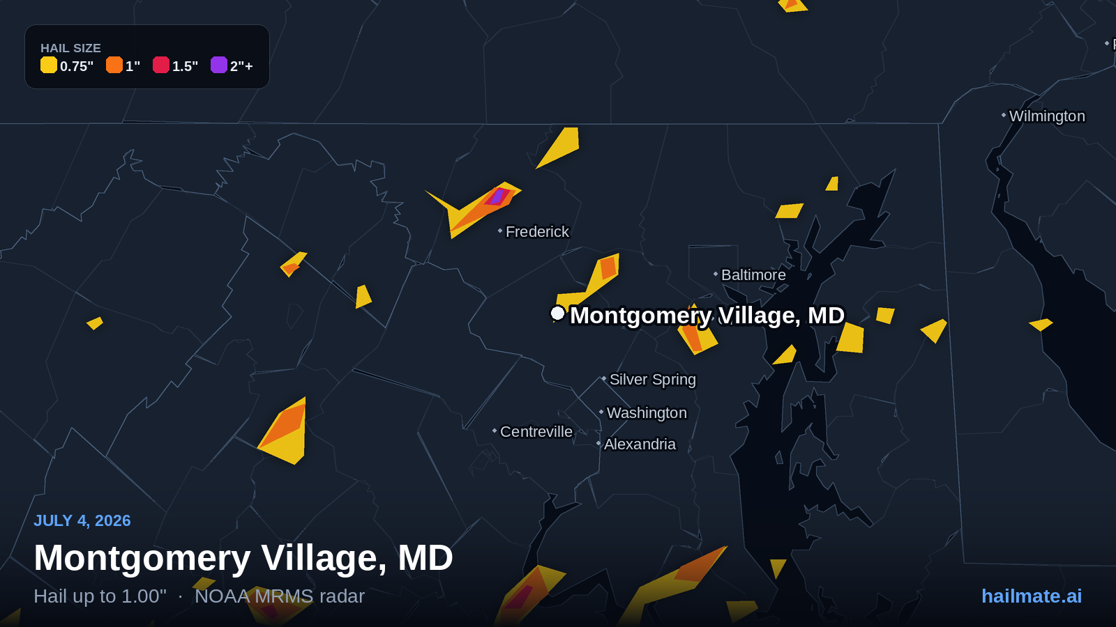 Hail swath map for Montgomery Village, MD on July 4, 2026 showing 1.00 inch hail.