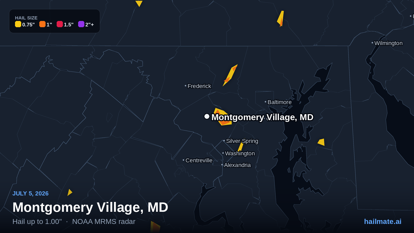 Hail swath map for Montgomery Village, MD on July 5, 2026 showing 1.00 inch hail.