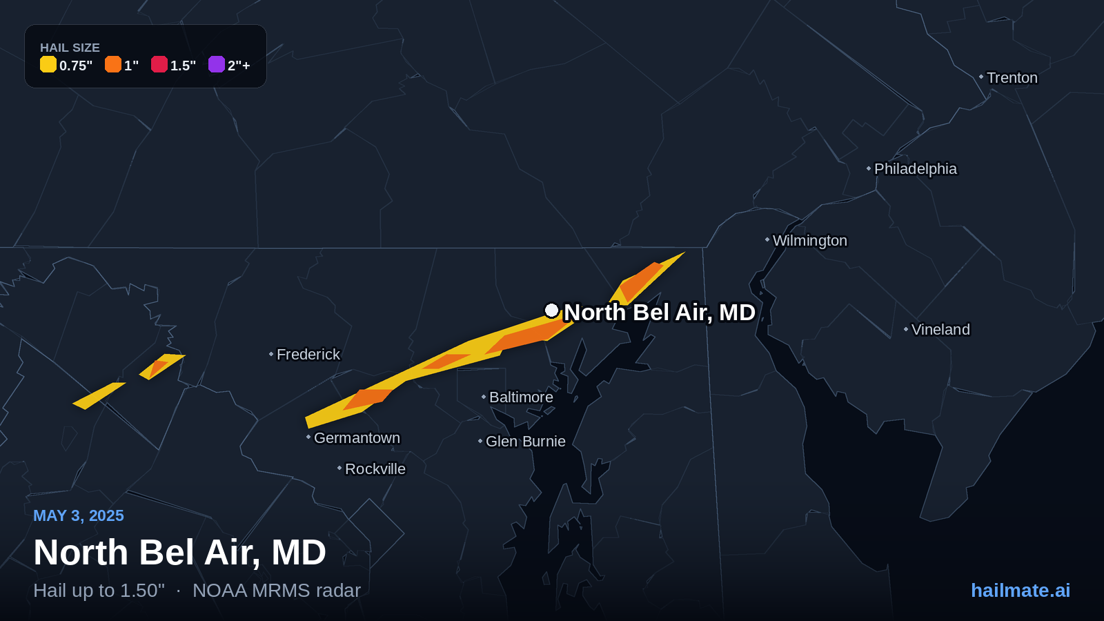 Hail swath map for North Bel Air, MD on May 3, 2025 showing 1.50 inch hail.