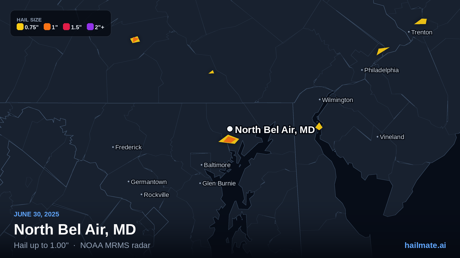 Hail swath map for North Bel Air, MD on June 30, 2025 showing 1.00 inch hail.