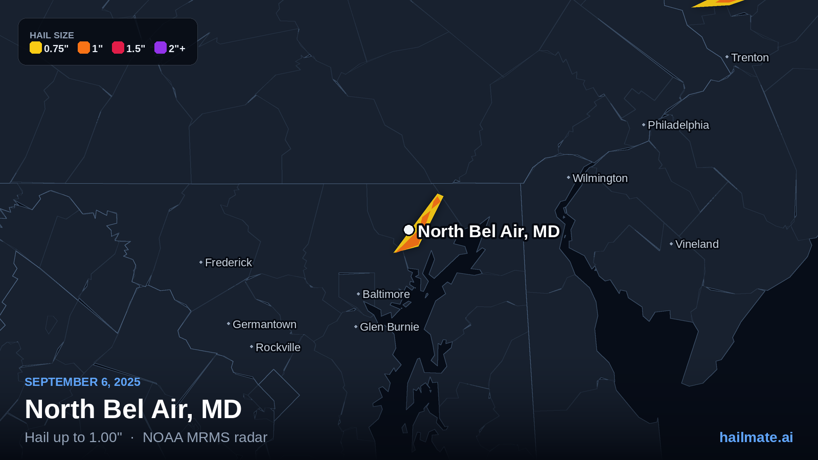 Hail swath map for North Bel Air, MD on September 6, 2025 showing 1.00 inch hail.