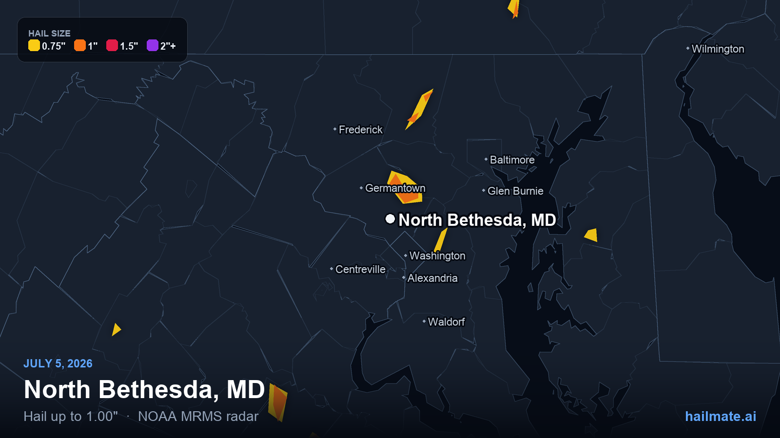 Hail swath map for North Bethesda, MD on July 5, 2026 showing 1.00 inch hail.