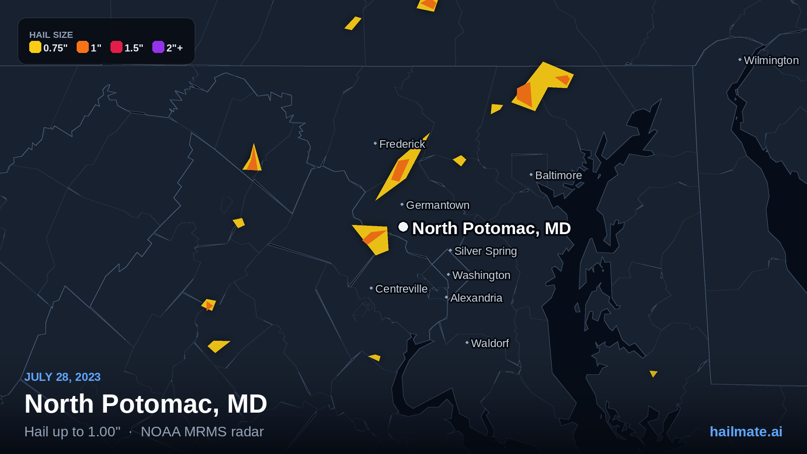 Hail swath map for North Potomac, MD on July 28, 2023 showing 1.00 inch hail.