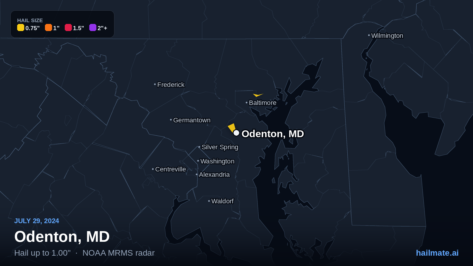 Hail swath map for Odenton, MD on July 29, 2024 showing 1.00 inch hail.