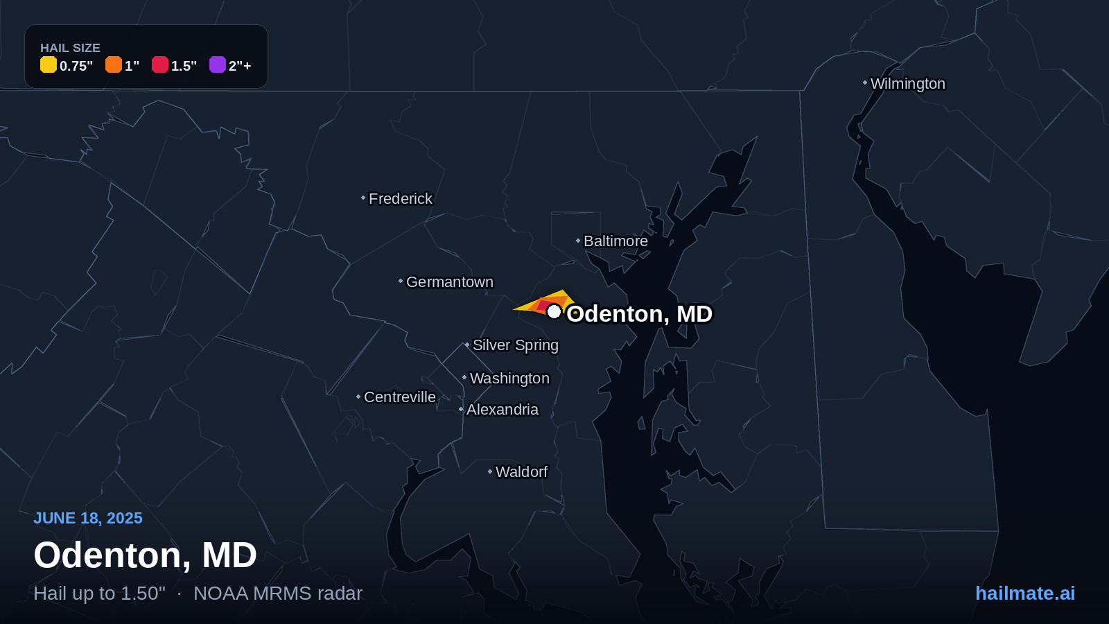 Hail swath map for Odenton, MD on June 18, 2025 showing 1.50 inch hail.
