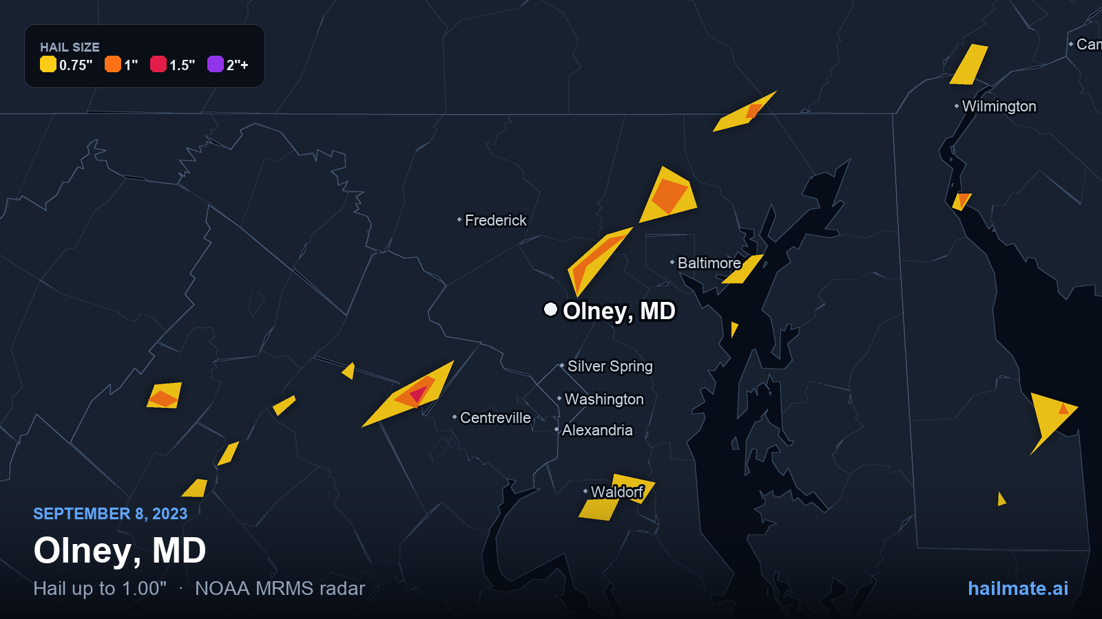 Hail swath map for Olney, MD on September 8, 2023 showing 1.00 inch hail.