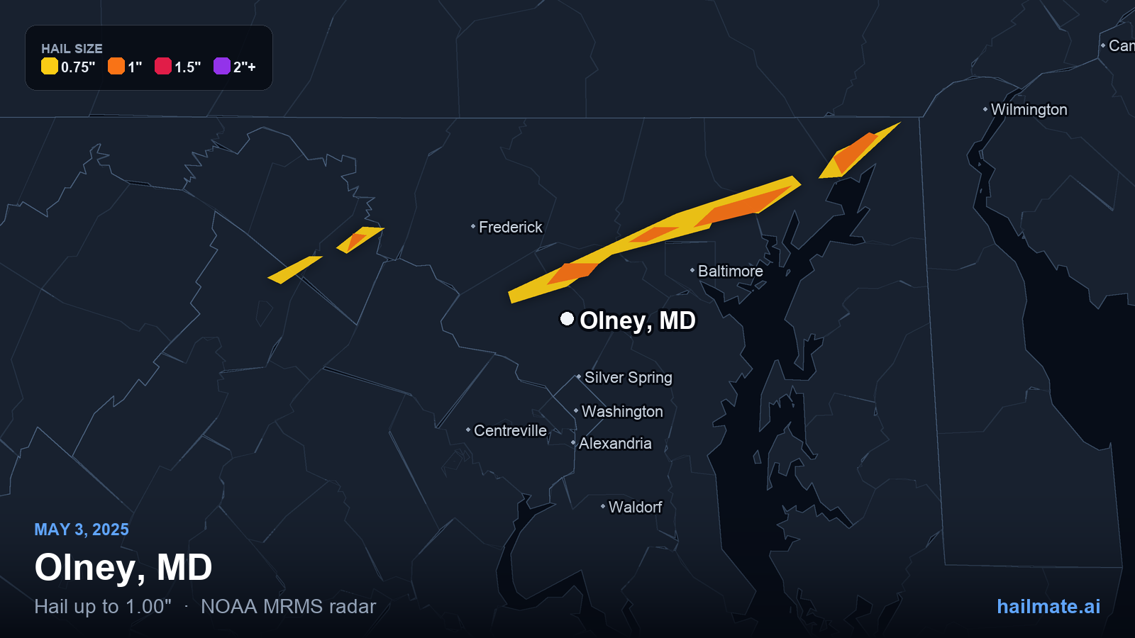 Hail swath map for Olney, MD on May 3, 2025 showing 1.00 inch hail.