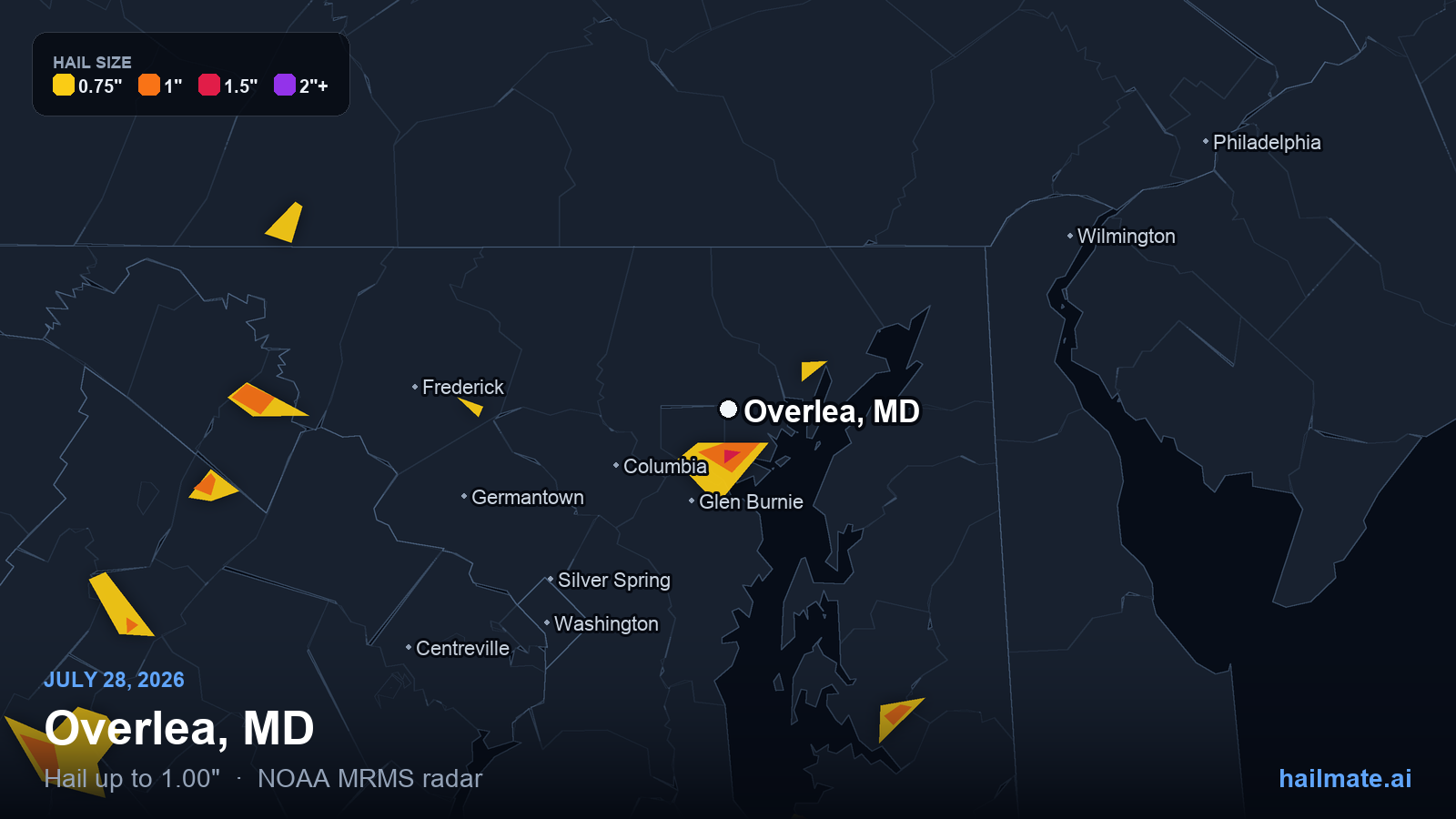 Hail swath map for Overlea, MD on July 28, 2026 showing 1.00 inch hail.