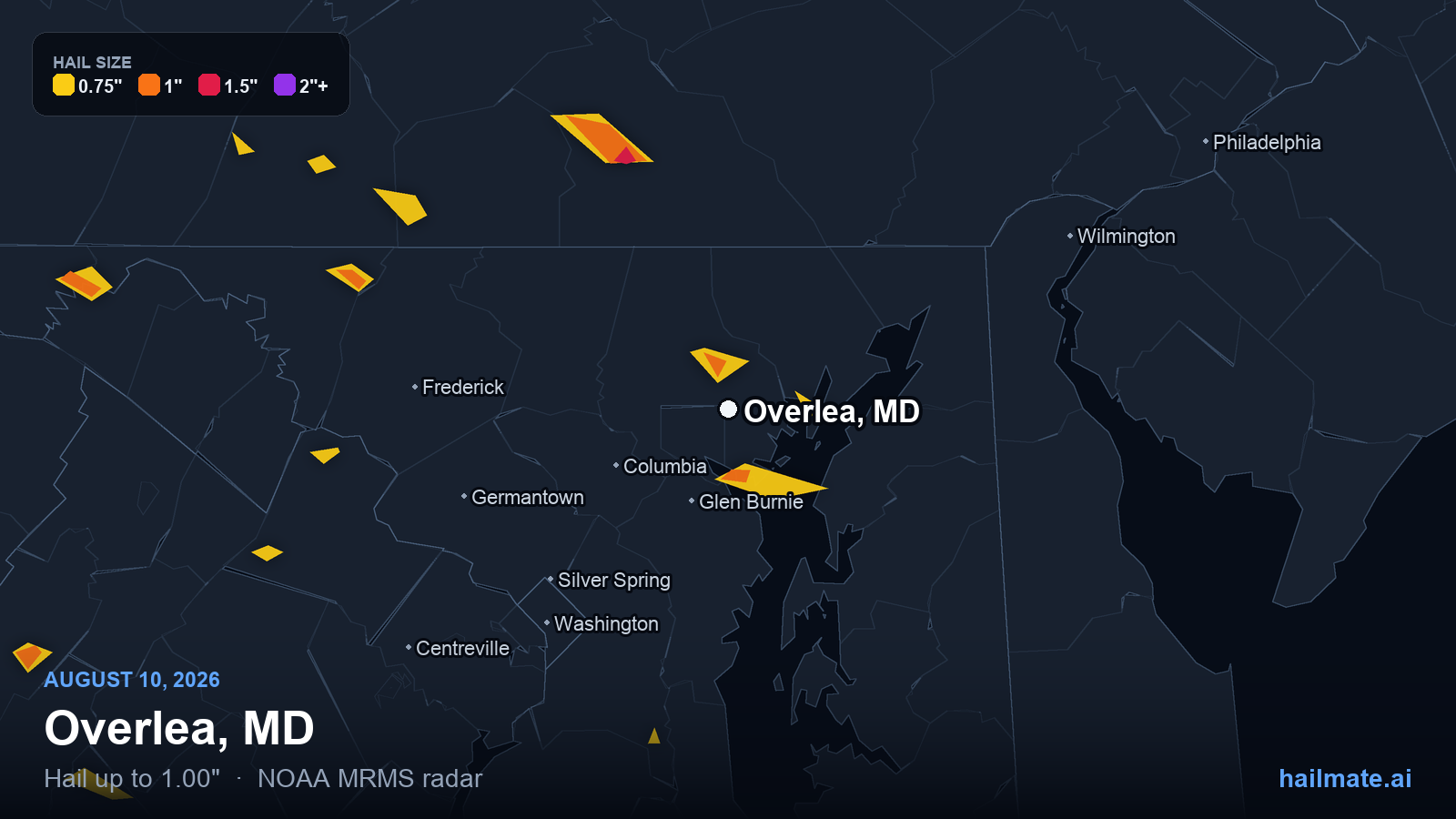 Hail swath map for Overlea, MD on August 10, 2026 showing 1.00 inch hail.