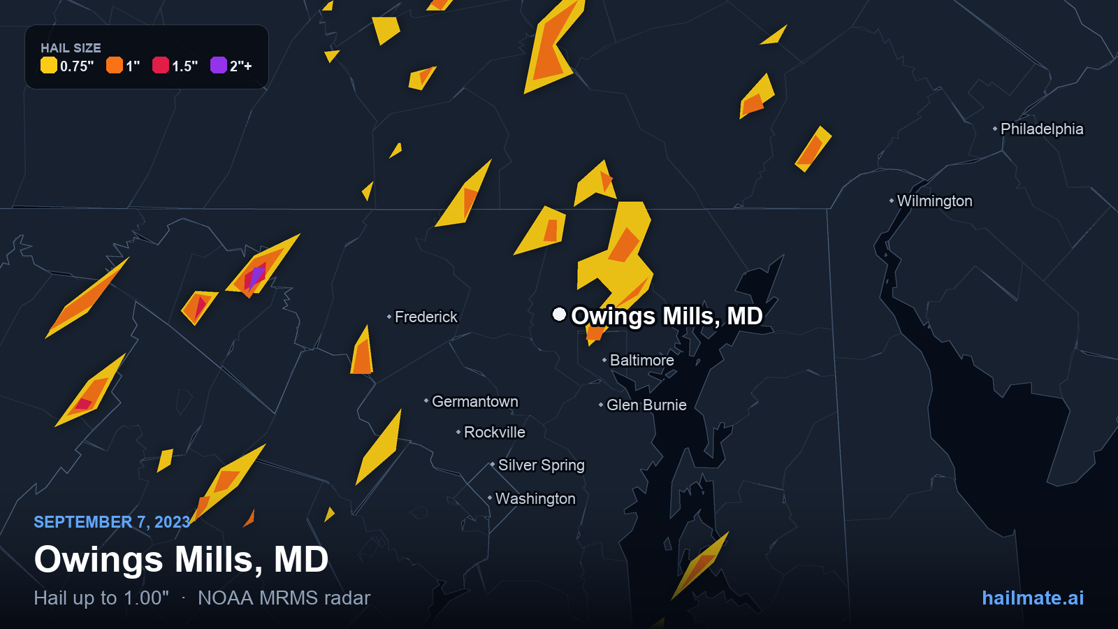 Hail swath map for Owings Mills, MD on September 7, 2023 showing 1.00 inch hail.