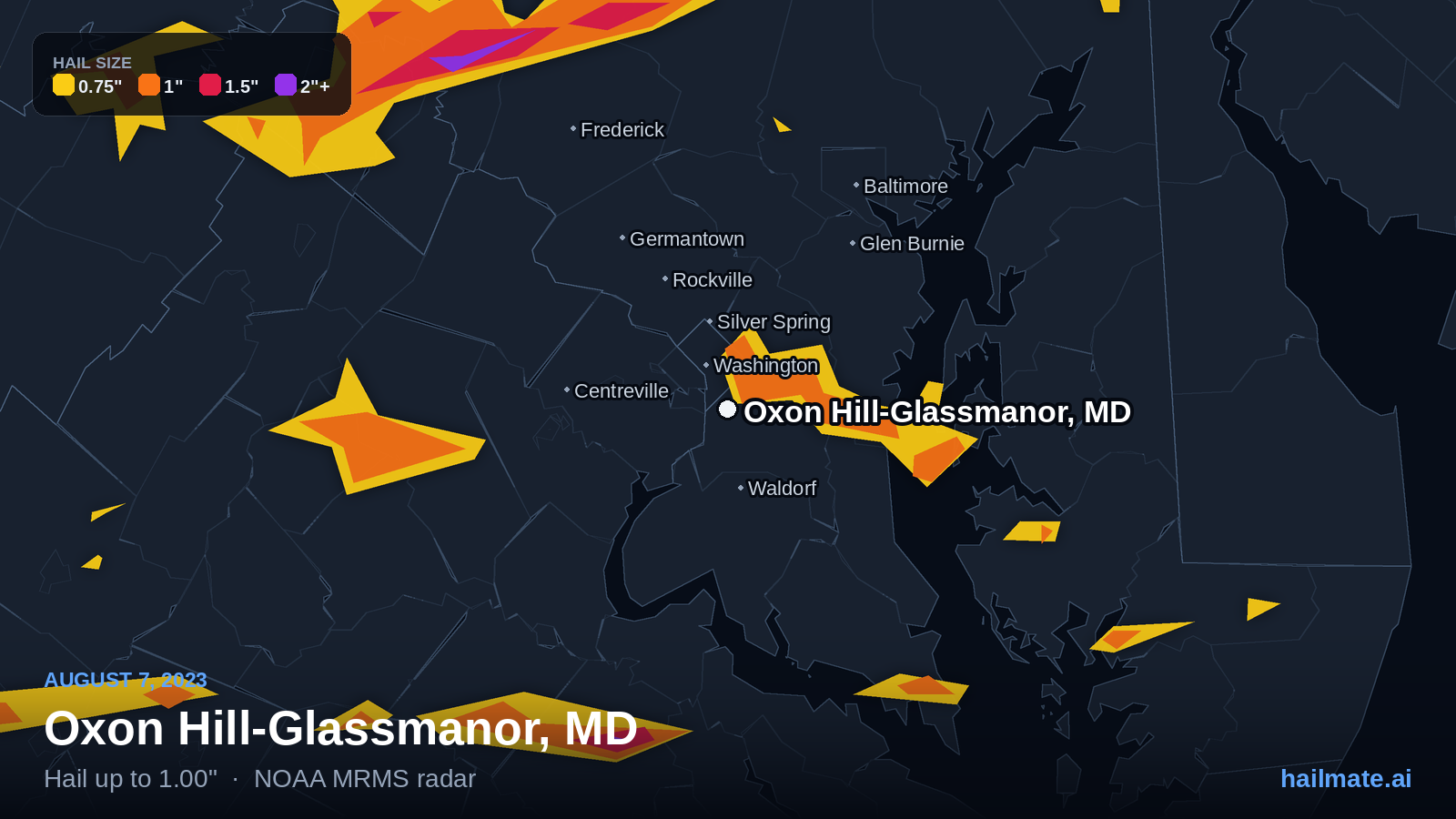 Hail swath map for Oxon Hill-Glassmanor, MD on August 7, 2023 showing 1.00 inch hail.