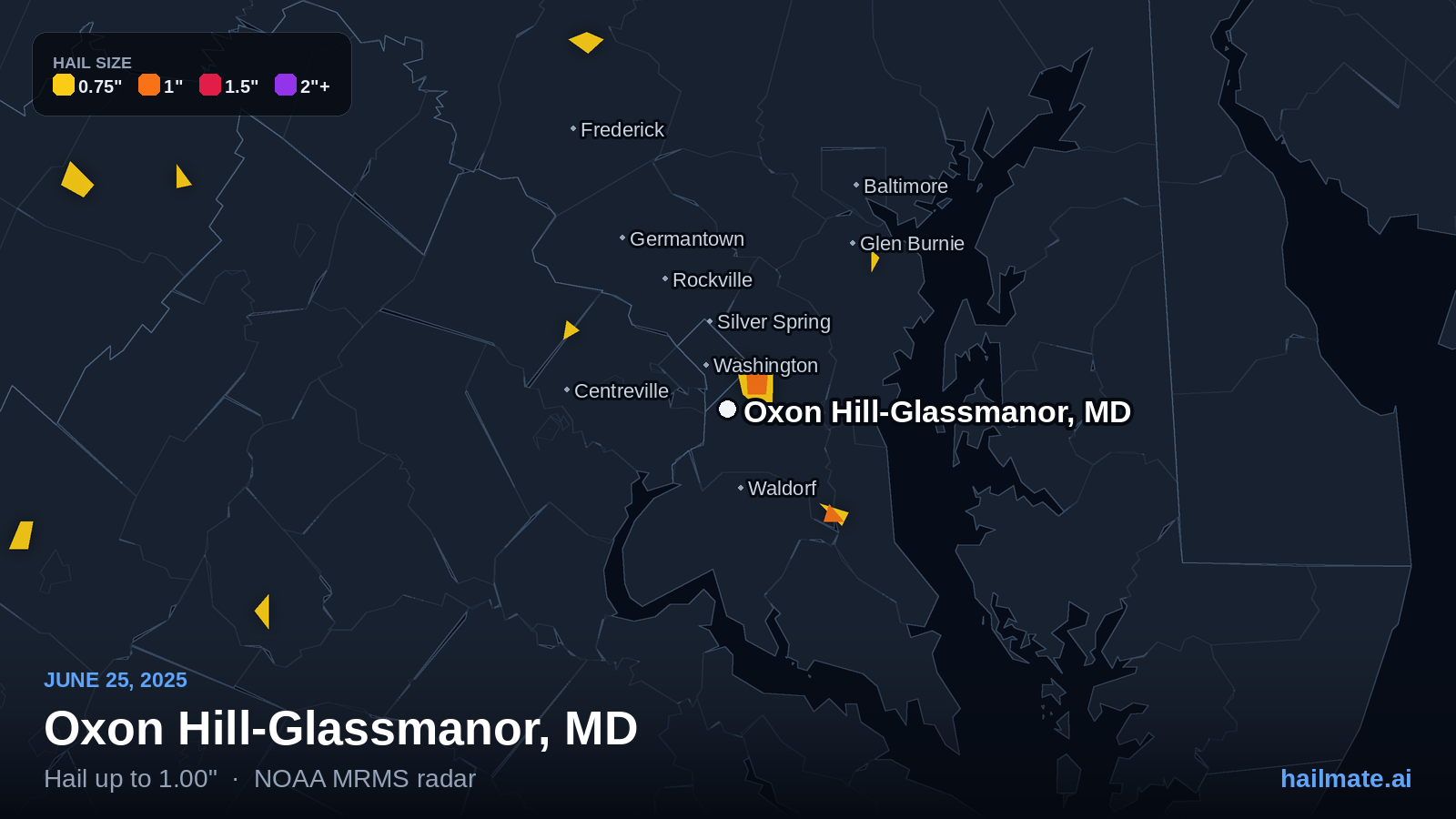 Hail swath map for Oxon Hill-Glassmanor, MD on June 25, 2025 showing 1.00 inch hail.