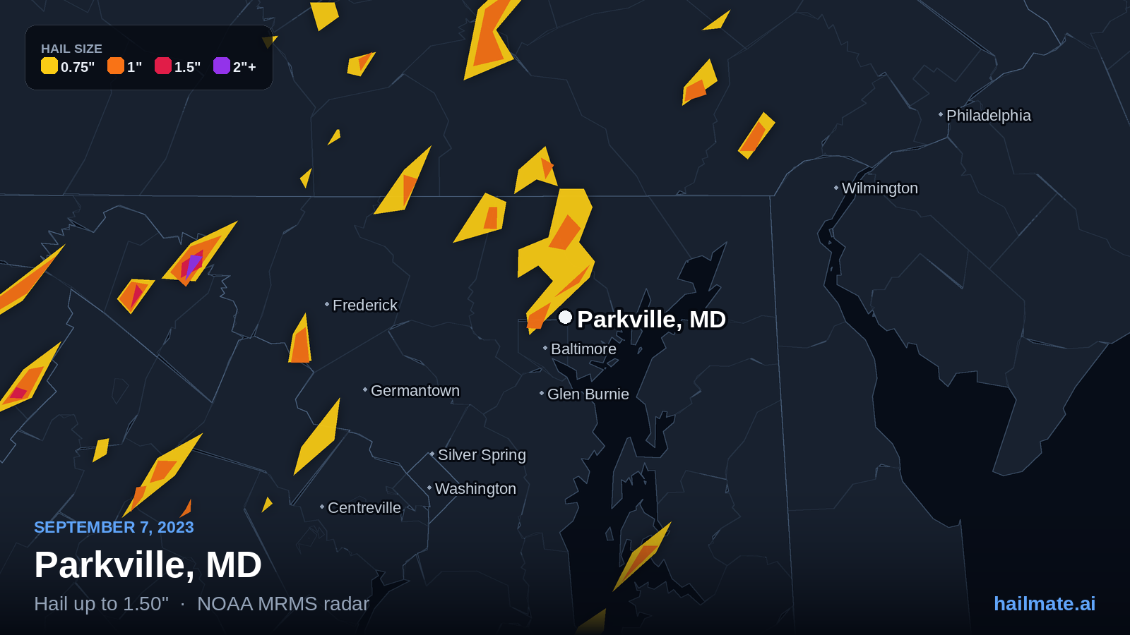 Hail swath map for Parkville, MD on September 7, 2023 showing 1.50 inch hail.