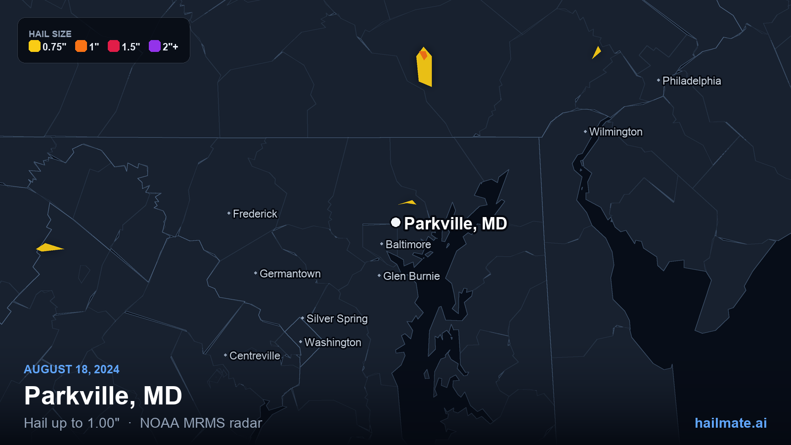 Hail swath map for Parkville, MD on August 18, 2024 showing 1.00 inch hail.