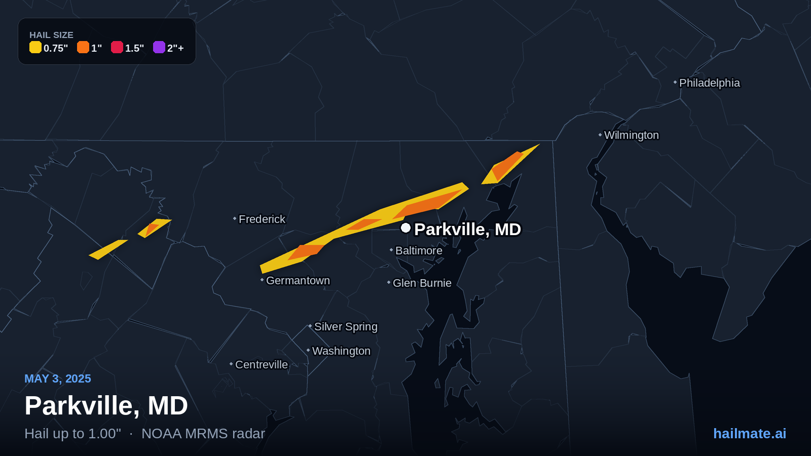 Hail swath map for Parkville, MD on May 3, 2025 showing 1.00 inch hail.