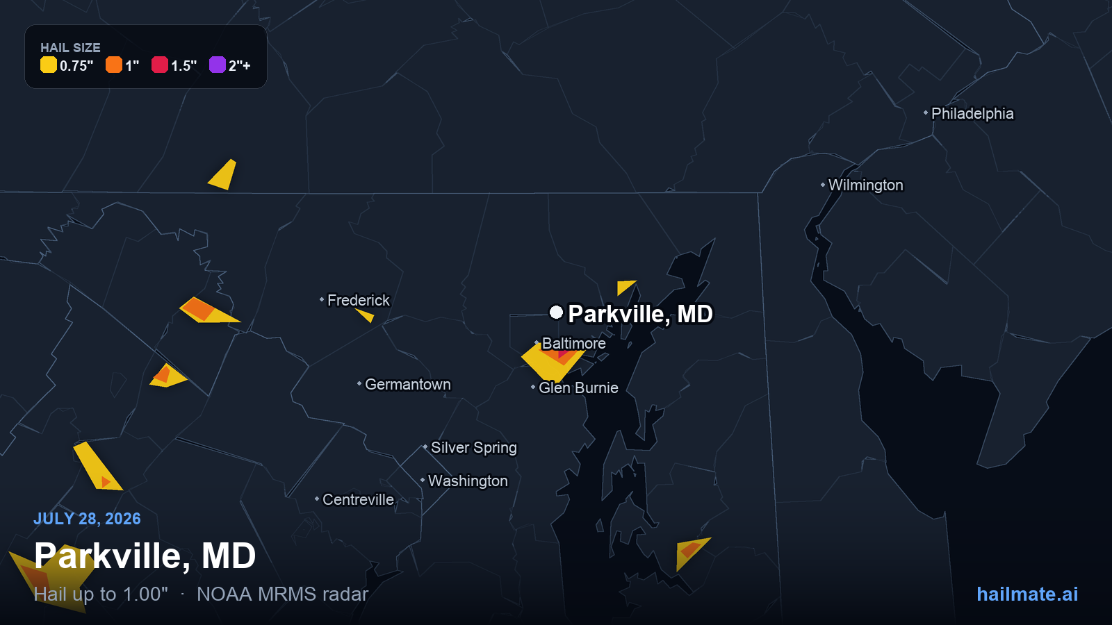 Hail swath map for Parkville, MD on July 28, 2026 showing 1.00 inch hail.