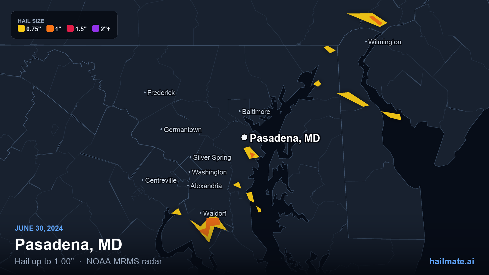 Hail swath map for Pasadena, MD on June 30, 2024 showing 1.00 inch hail.