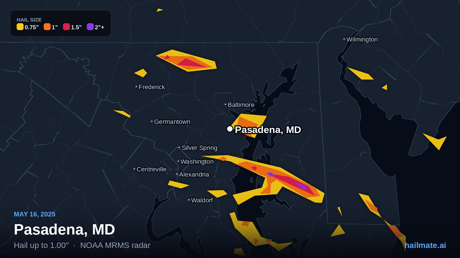 Hail swath map for Pasadena, MD on May 16, 2025 showing 1.00 inch hail.