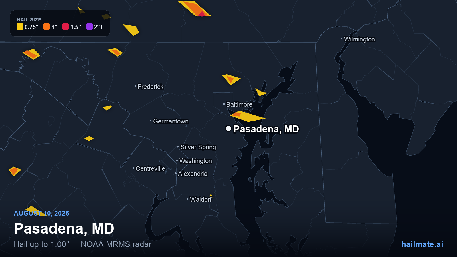 Hail swath map for Pasadena, MD on August 10, 2026 showing 1.00 inch hail.