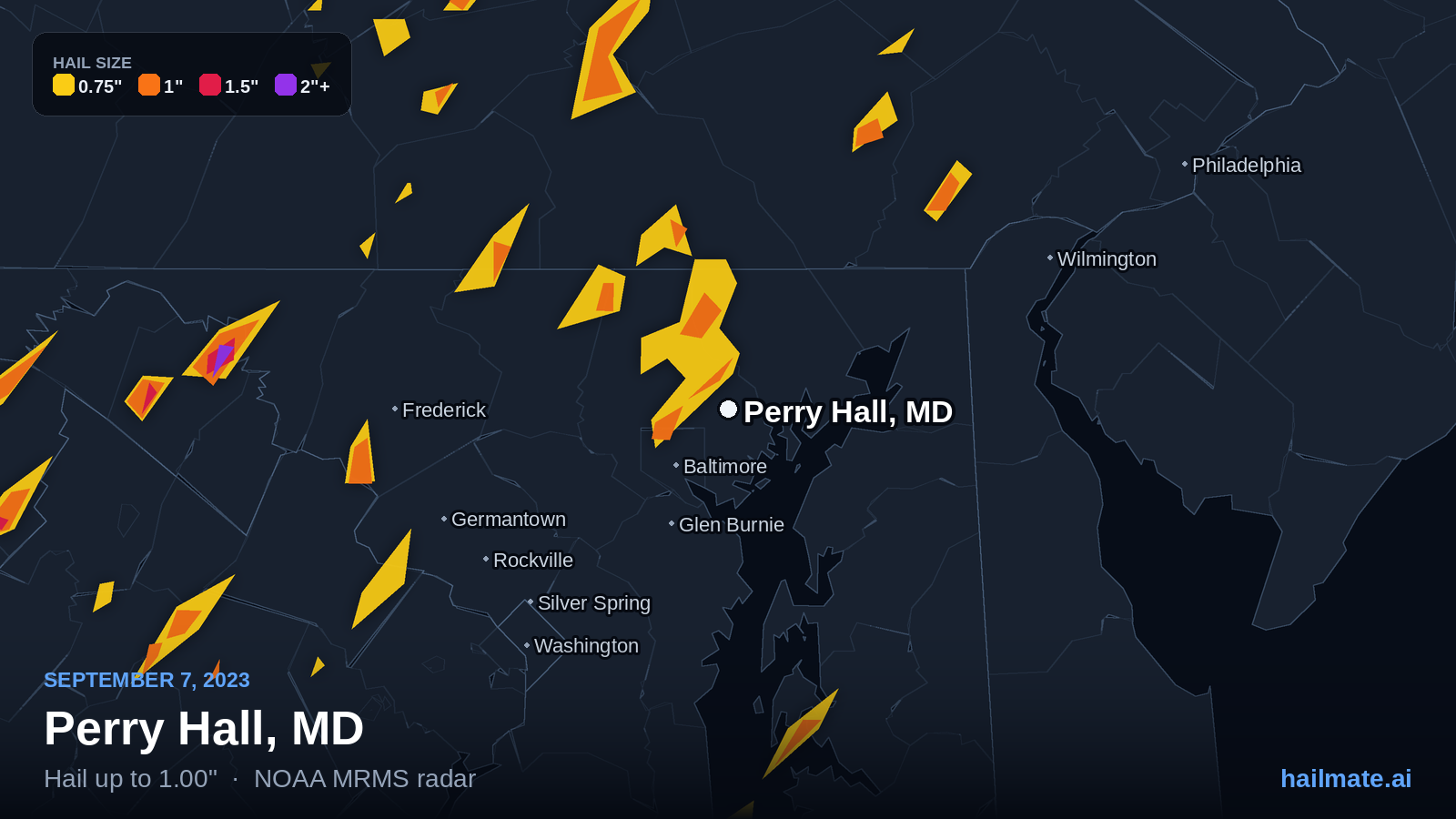Hail swath map for Perry Hall, MD on September 7, 2023 showing 1.00 inch hail.