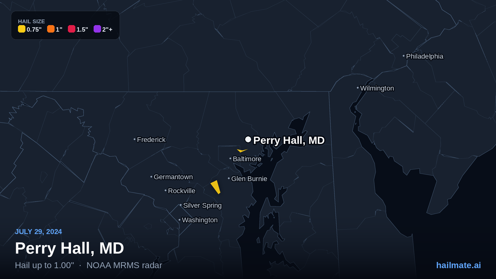 Hail swath map for Perry Hall, MD on July 29, 2024 showing 1.00 inch hail.