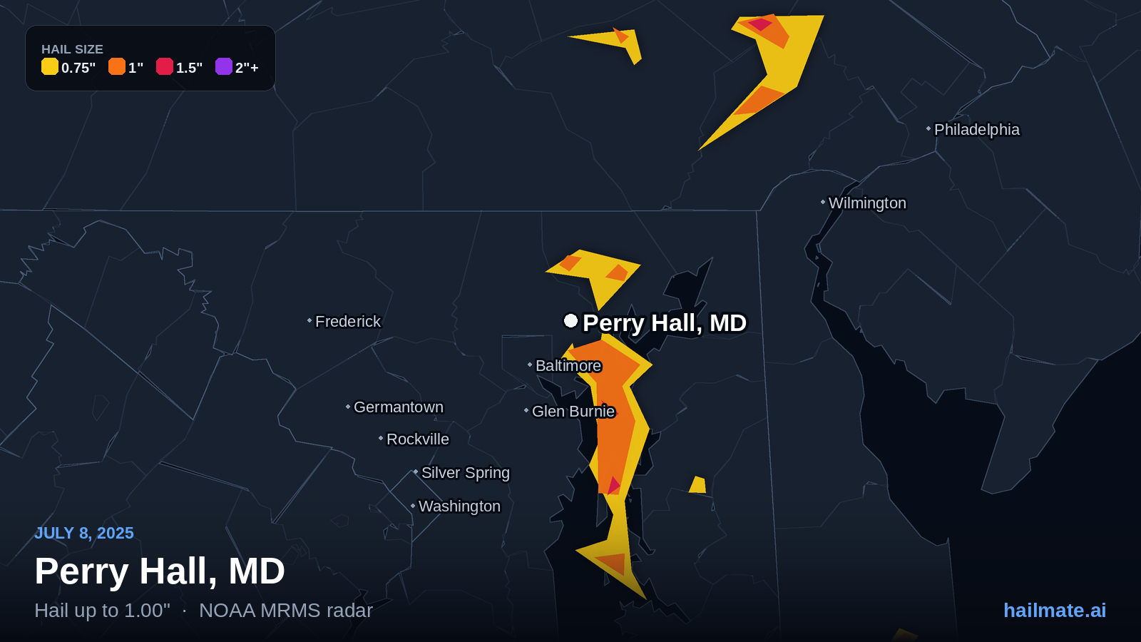 Hail swath map for Perry Hall, MD on July 8, 2025 showing 1.00 inch hail.