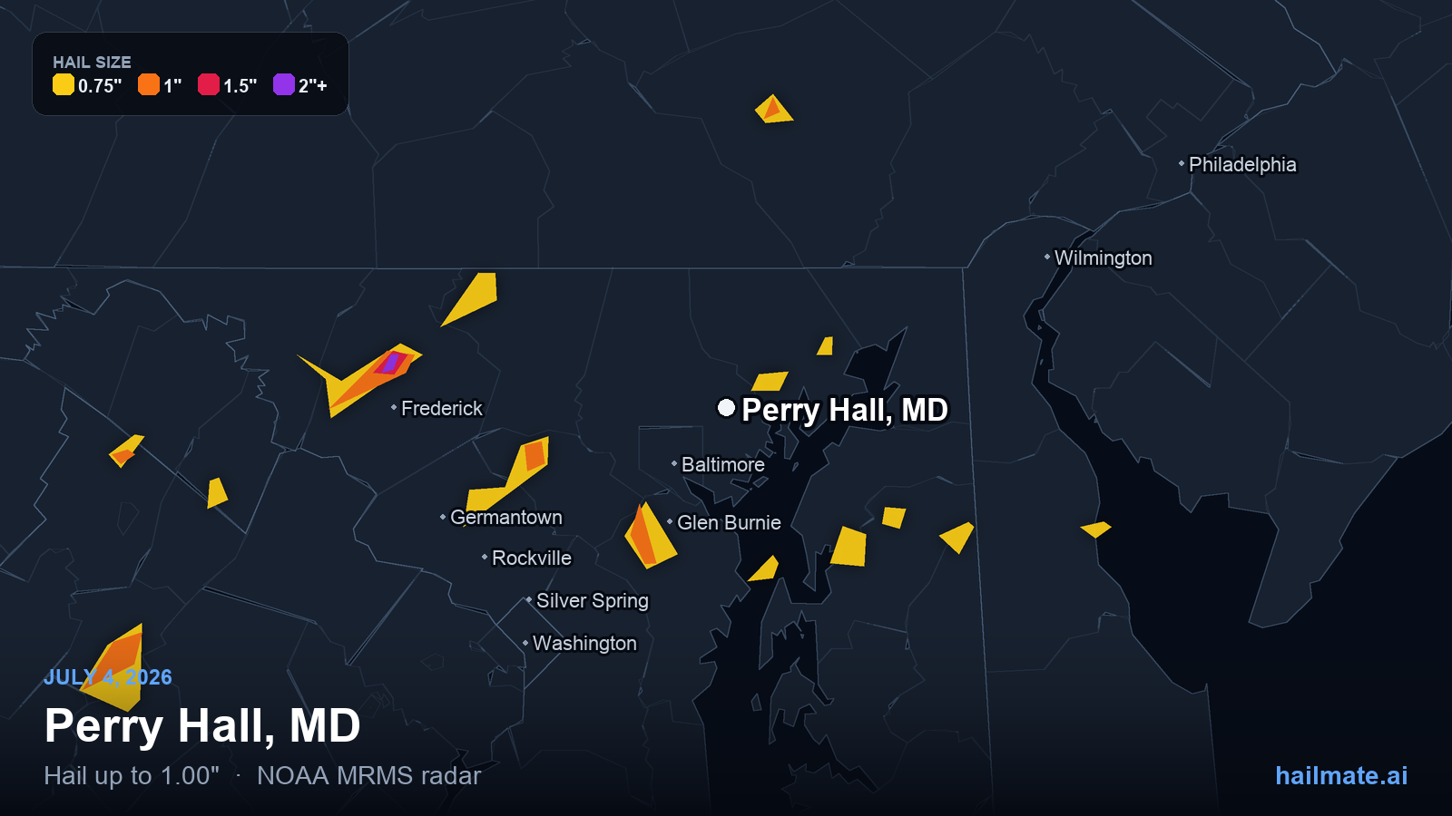 Hail swath map for Perry Hall, MD on July 4, 2026 showing 1.00 inch hail.