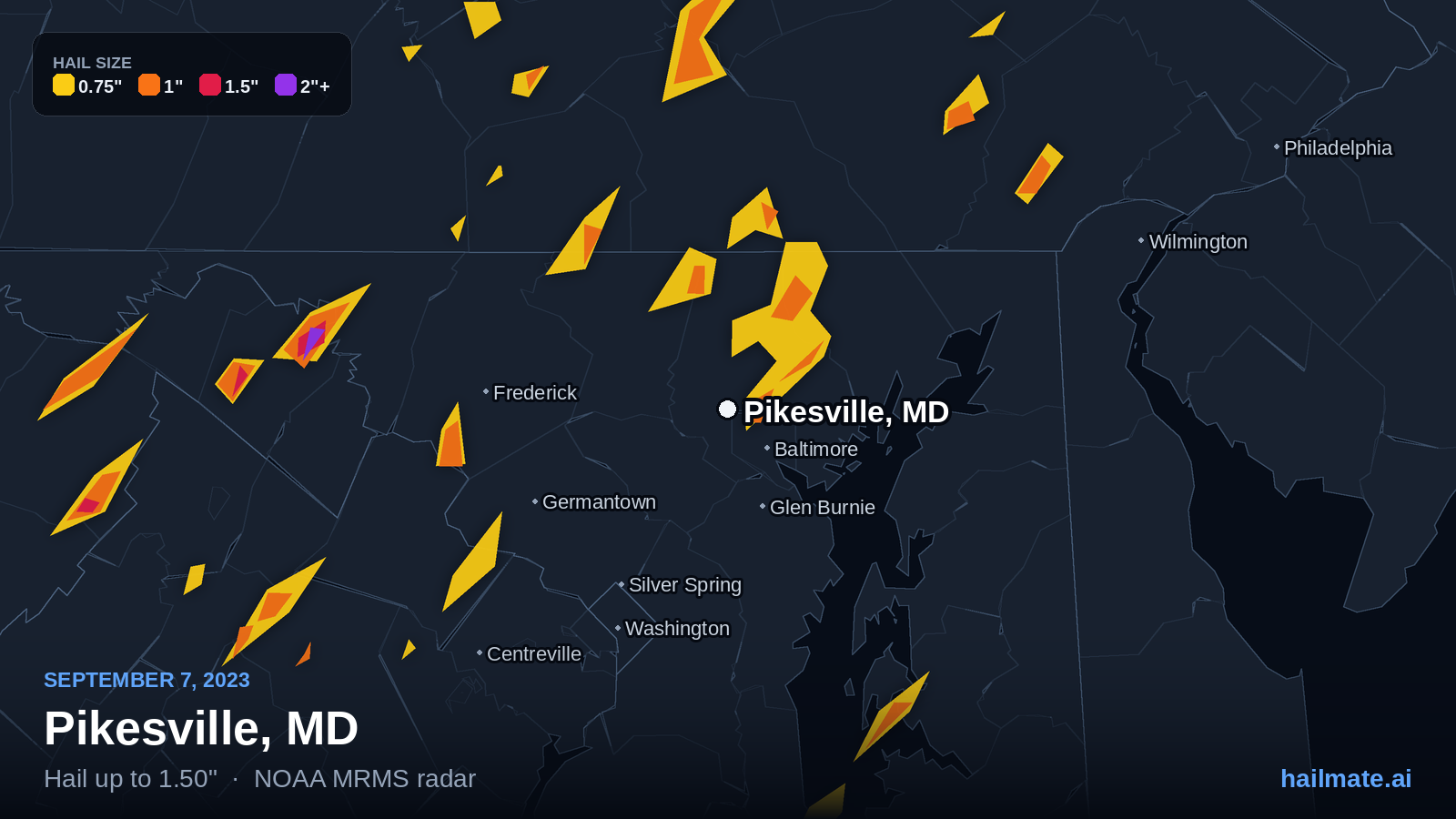 Hail swath map for Pikesville, MD on September 7, 2023 showing 1.50 inch hail.