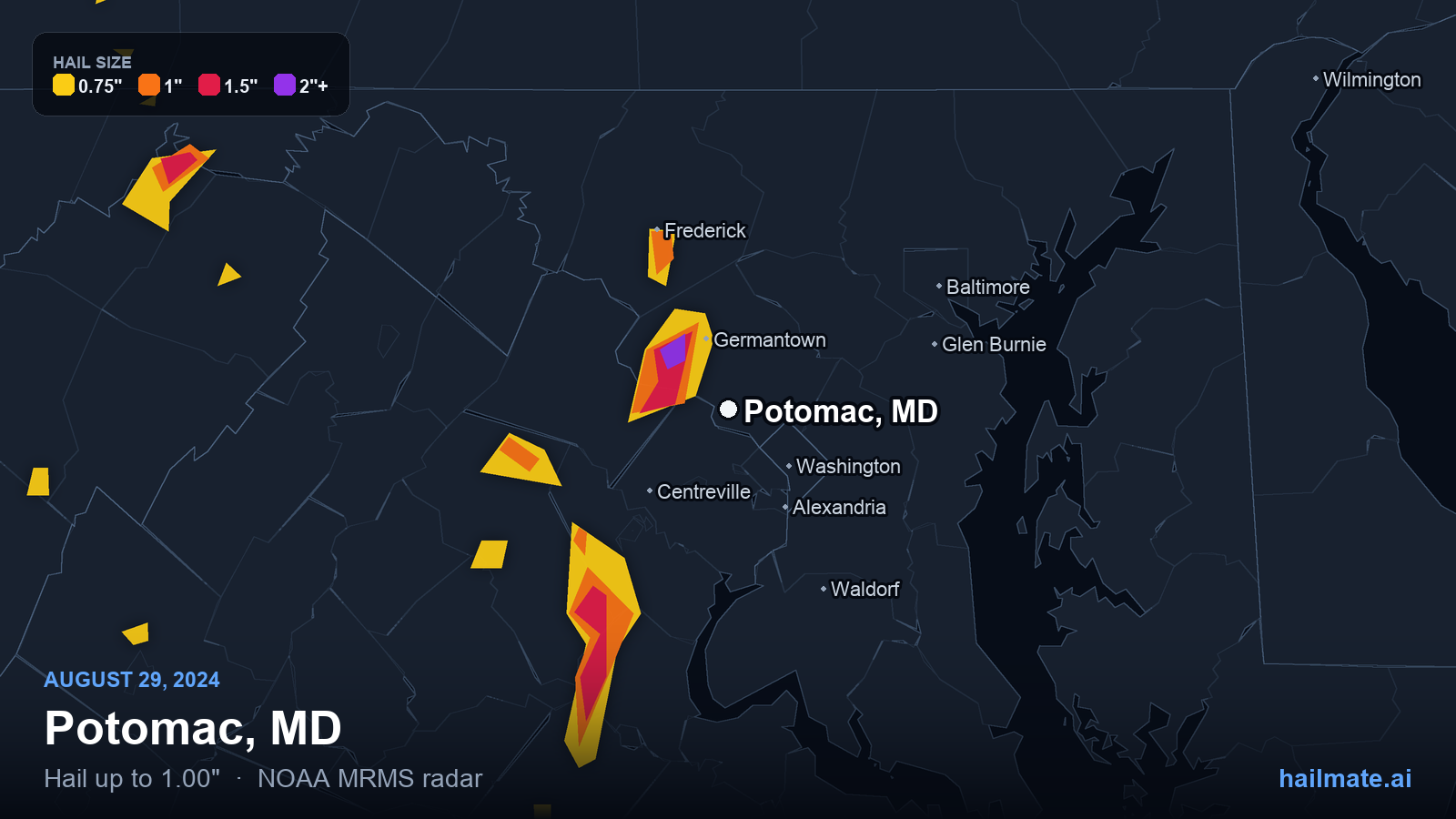 Hail swath map for Potomac, MD on August 29, 2024 showing 1.00 inch hail.
