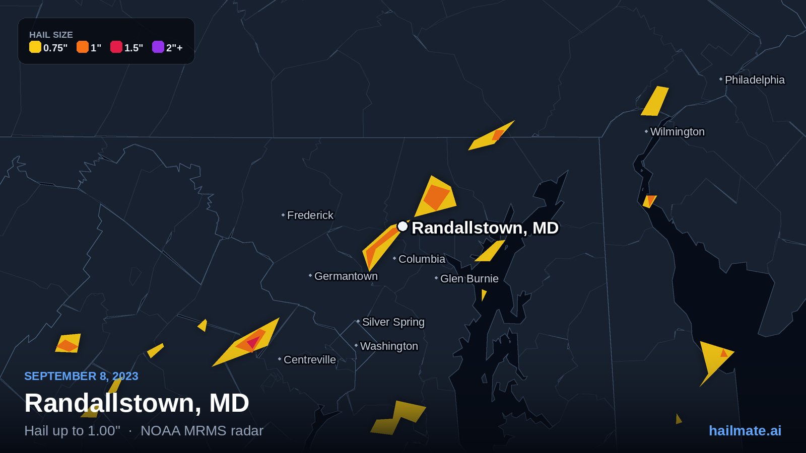 Hail swath map for Randallstown, MD on September 8, 2023 showing 1.00 inch hail.