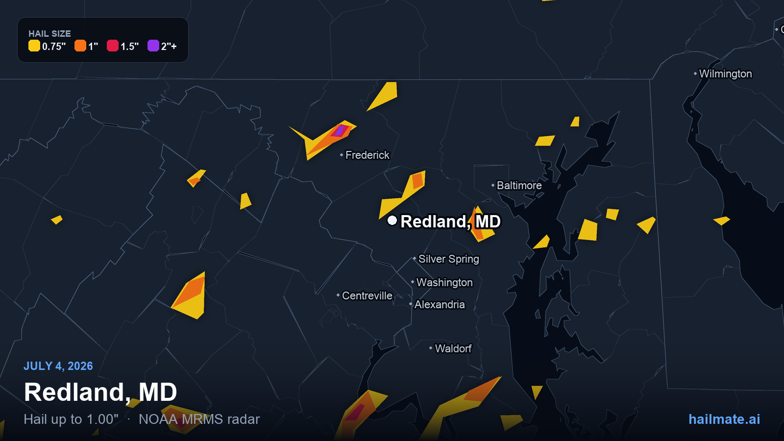 Hail swath map for Redland, MD on July 4, 2026 showing 1.00 inch hail.