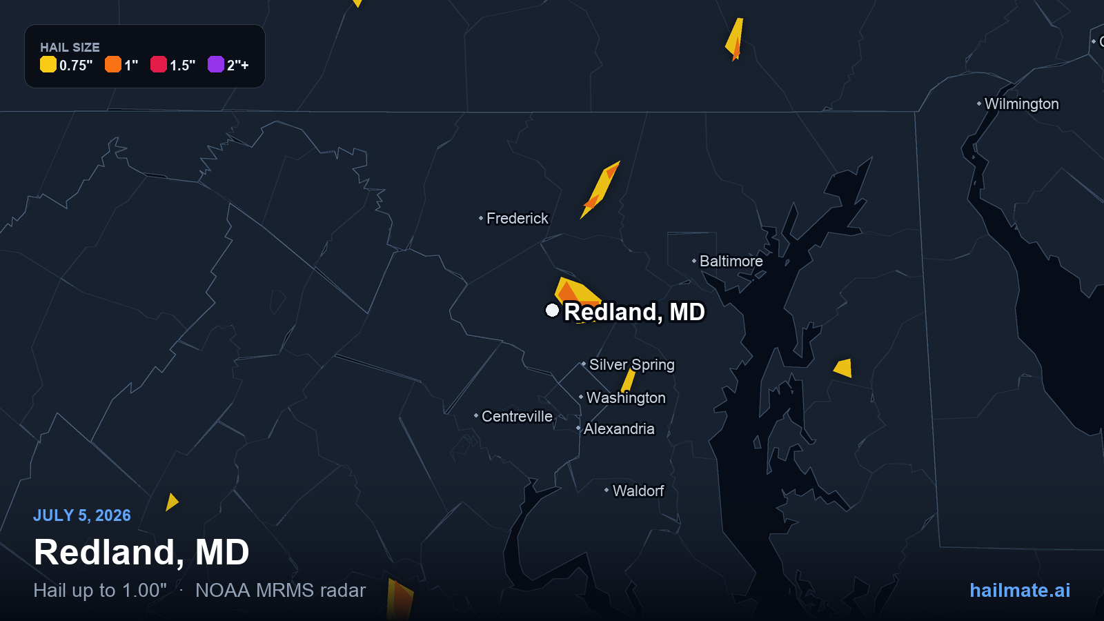 Hail swath map for Redland, MD on July 5, 2026 showing 1.00 inch hail.