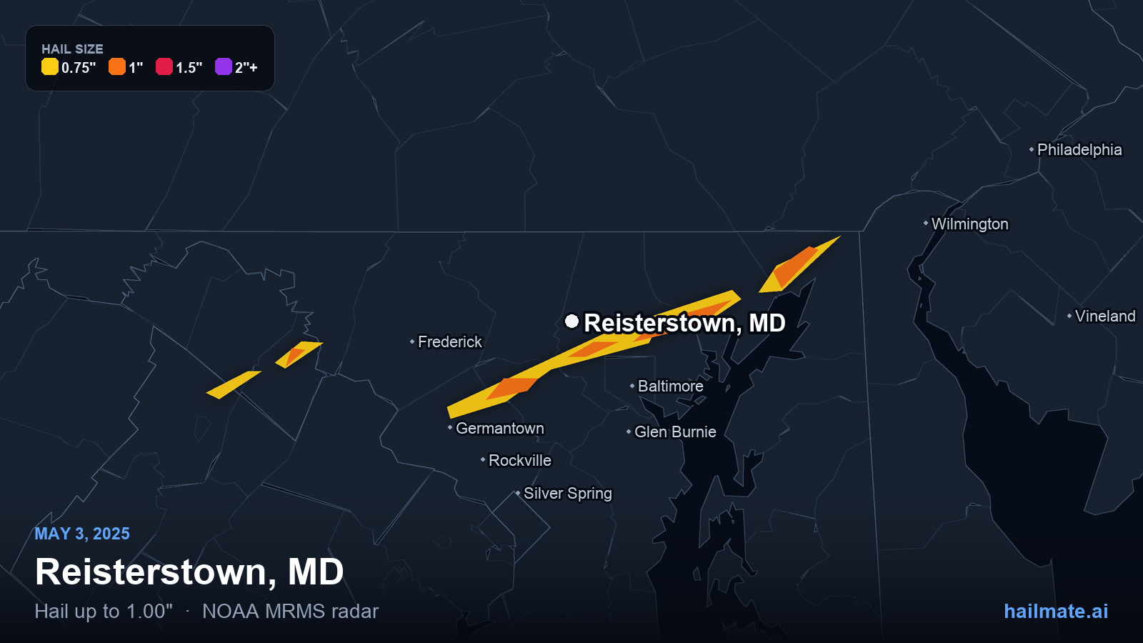 Hail swath map for Reisterstown, MD on May 3, 2025 showing 1.00 inch hail.