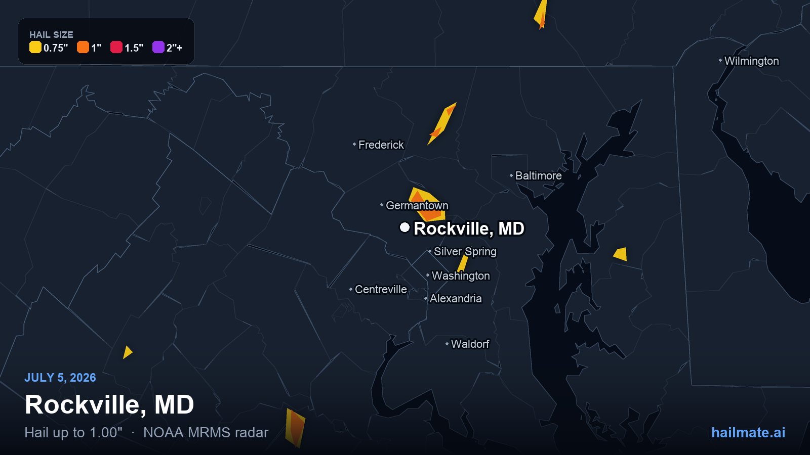 Hail swath map for Rockville, MD on July 5, 2026 showing 1.00 inch hail.