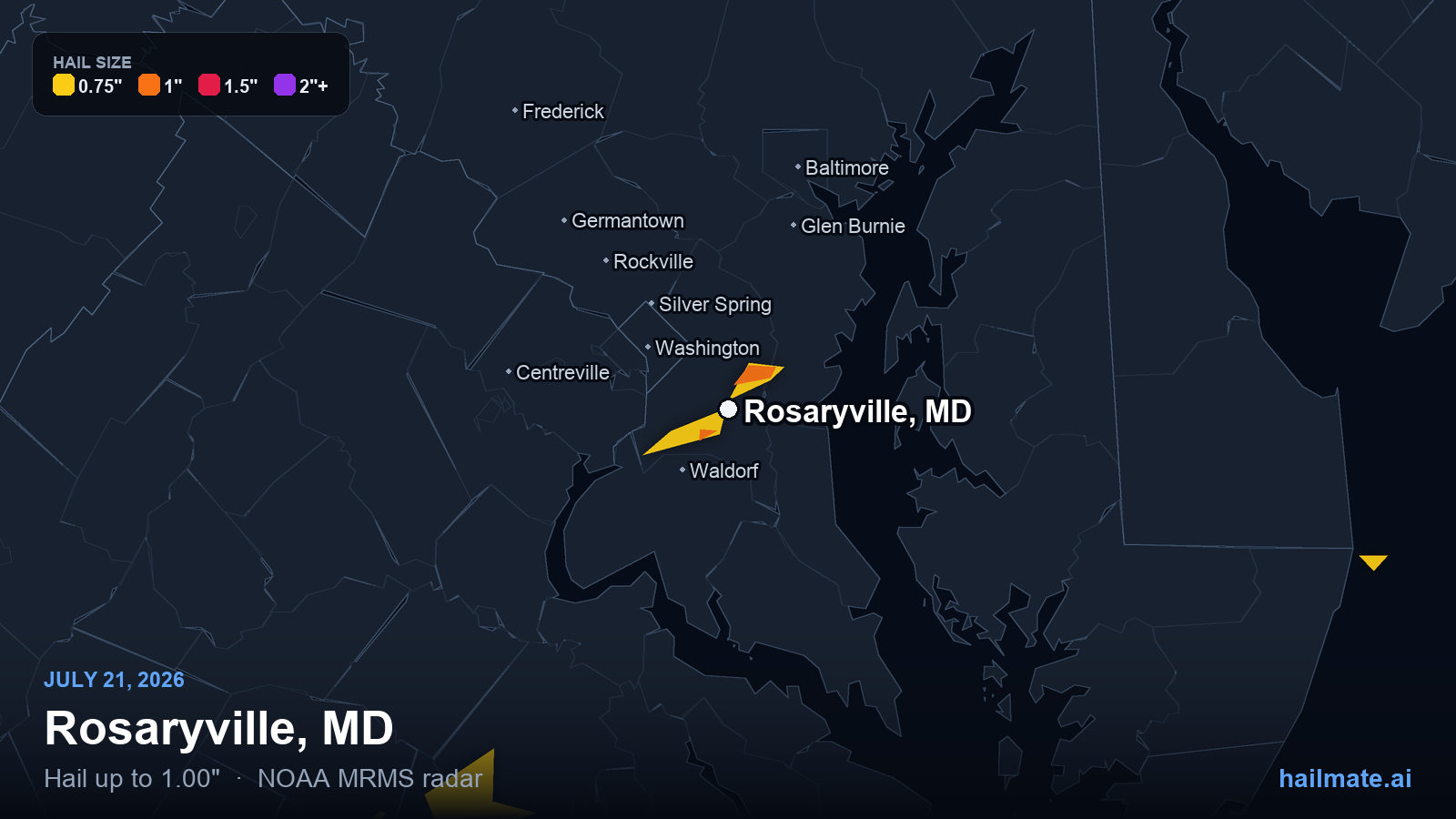Hail swath map for Rosaryville, MD on July 21, 2026 showing 1.00 inch hail.